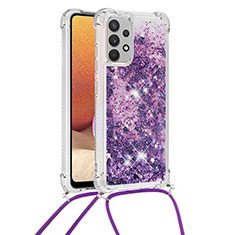 Custodia Silicone Cover Morbida Bling-Bling con Cinghia Cordino Mano S03 per Samsung Galaxy M32 5G Viola