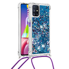 Custodia Silicone Cover Morbida Bling-Bling con Cinghia Cordino Mano S03 per Samsung Galaxy M51 Blu