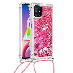 Custodia Silicone Cover Morbida Bling-Bling con Cinghia Cordino Mano S03 per Samsung Galaxy M51 Rosa Caldo