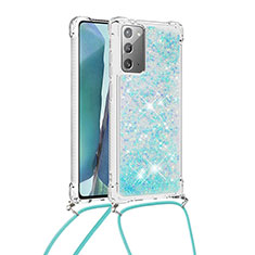 Custodia Silicone Cover Morbida Bling-Bling con Cinghia Cordino Mano S03 per Samsung Galaxy Note 20 5G Cielo Blu