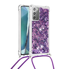 Custodia Silicone Cover Morbida Bling-Bling con Cinghia Cordino Mano S03 per Samsung Galaxy Note 20 5G Viola