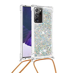 Custodia Silicone Cover Morbida Bling-Bling con Cinghia Cordino Mano S03 per Samsung Galaxy Note 20 Ultra 5G Argento