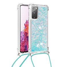 Custodia Silicone Cover Morbida Bling-Bling con Cinghia Cordino Mano S03 per Samsung Galaxy S20 FE 4G Cielo Blu