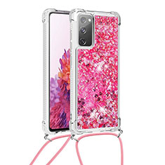 Custodia Silicone Cover Morbida Bling-Bling con Cinghia Cordino Mano S03 per Samsung Galaxy S20 FE 4G Rosa Caldo