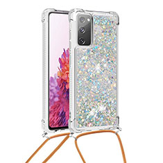 Custodia Silicone Cover Morbida Bling-Bling con Cinghia Cordino Mano S03 per Samsung Galaxy S20 FE 5G Argento