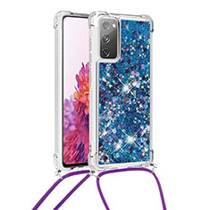 Custodia Silicone Cover Morbida Bling-Bling con Cinghia Cordino Mano S03 per Samsung Galaxy S20 FE 5G Blu