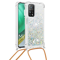 Custodia Silicone Cover Morbida Bling-Bling con Cinghia Cordino Mano S03 per Xiaomi Mi 10T 5G Argento