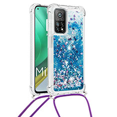 Custodia Silicone Cover Morbida Bling-Bling con Cinghia Cordino Mano S03 per Xiaomi Mi 10T 5G Blu