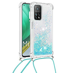 Custodia Silicone Cover Morbida Bling-Bling con Cinghia Cordino Mano S03 per Xiaomi Mi 10T Pro 5G Cielo Blu