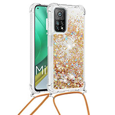 Custodia Silicone Cover Morbida Bling-Bling con Cinghia Cordino Mano S03 per Xiaomi Mi 10T Pro 5G Oro