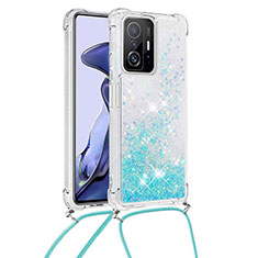Custodia Silicone Cover Morbida Bling-Bling con Cinghia Cordino Mano S03 per Xiaomi Mi 11T 5G Cielo Blu