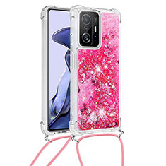 Custodia Silicone Cover Morbida Bling-Bling con Cinghia Cordino Mano S03 per Xiaomi Mi 11T 5G Rosa Caldo