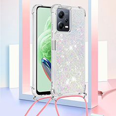 Custodia Silicone Cover Morbida Bling-Bling con Cinghia Cordino Mano S03 per Xiaomi Redmi Note 12 5G Argento