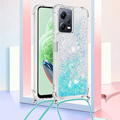 Custodia Silicone Cover Morbida Bling-Bling con Cinghia Cordino Mano S03 per Xiaomi Redmi Note 12 5G Cielo Blu