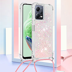 Custodia Silicone Cover Morbida Bling-Bling con Cinghia Cordino Mano S03 per Xiaomi Redmi Note 12 5G Rosa