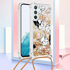 Custodia Silicone Cover Morbida Bling-Bling con Cinghia Cordino Mano YB2 per Samsung Galaxy Quantum4 5G Oro