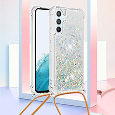 Custodia Silicone Cover Morbida Bling-Bling con Cinghia Cordino Mano YB3 per Samsung Galaxy Quantum4 5G Azzurro