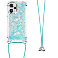 Custodia Silicone Cover Morbida Bling-Bling con Cinghia Cordino Mano YB3 per Xiaomi Poco F5 5G Cielo Blu