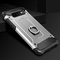 Custodia Silicone e Plastica Opaca Cover con Anello Supporto H01 per Samsung Galaxy S10 5G Argento
