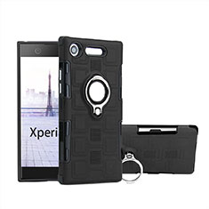 Custodia Silicone e Plastica Opaca Cover con Anello Supporto per Sony Xperia XZ1 Compact Nero