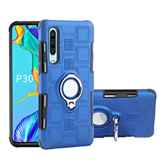 Custodia Silicone e Plastica Opaca Cover con Anello Supporto S01 per Huawei P30 Blu