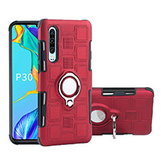 Custodia Silicone e Plastica Opaca Cover con Anello Supporto S01 per Huawei P30 Rosso