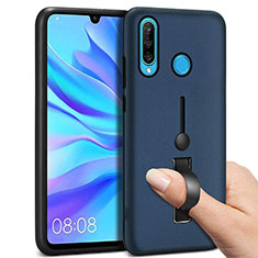 Custodia Silicone e Plastica Opaca Cover con Anello Supporto S04 per Huawei P30 Lite Blu