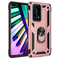 Custodia Silicone e Plastica Opaca Cover con Magnetico Anello Supporto C01 per Huawei P40 Pro+ Plus Oro Rosa