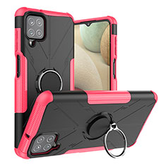 Custodia Silicone e Plastica Opaca Cover con Magnetico Anello Supporto J01X per Samsung Galaxy A12 Rosa Caldo