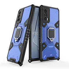 Custodia Silicone e Plastica Opaca Cover con Magnetico Anello Supporto KC4 per Vivo iQOO 7 India 5G Blu