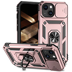 Custodia Silicone e Plastica Opaca Cover con Magnetico Anello Supporto MQ1 per Apple iPhone 15 Oro Rosa