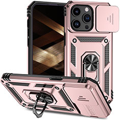 Custodia Silicone e Plastica Opaca Cover con Magnetico Anello Supporto MQ1 per Apple iPhone 15 Pro Max Oro Rosa
