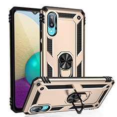 Custodia Silicone e Plastica Opaca Cover con Magnetico Anello Supporto MQ3 per Samsung Galaxy A02 Oro