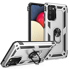 Custodia Silicone e Plastica Opaca Cover con Magnetico Anello Supporto MQ3 per Samsung Galaxy A03s Argento