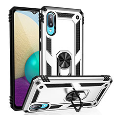 Custodia Silicone e Plastica Opaca Cover con Magnetico Anello Supporto MQ3 per Samsung Galaxy M02 Argento