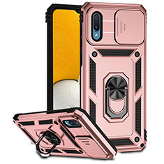 Custodia Silicone e Plastica Opaca Cover con Magnetico Anello Supporto MQ6 per Samsung Galaxy A02 Oro Rosa