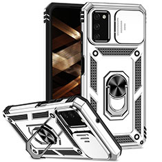 Custodia Silicone e Plastica Opaca Cover con Magnetico Anello Supporto MQ6 per Samsung Galaxy A02s Argento