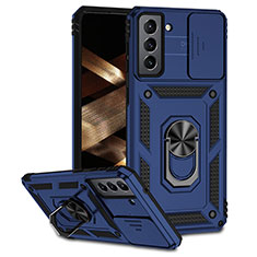 Custodia Silicone e Plastica Opaca Cover con Magnetico Anello Supporto MQ6 per Samsung Galaxy S21 FE 5G Blu