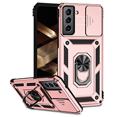 Custodia Silicone e Plastica Opaca Cover con Magnetico Anello Supporto MQ6 per Samsung Galaxy S21 FE 5G Oro Rosa