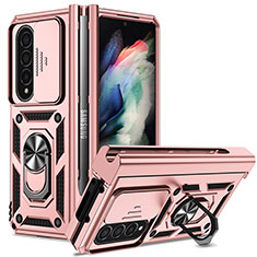 Custodia Silicone e Plastica Opaca Cover con Magnetico Anello Supporto MQ6 per Samsung Galaxy Z Fold4 5G Oro Rosa