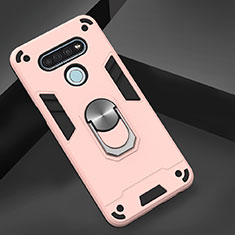 Custodia Silicone e Plastica Opaca Cover con Magnetico Anello Supporto per LG K51 Oro Rosa