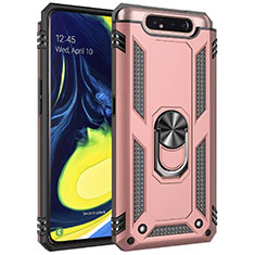 Custodia Silicone e Plastica Opaca Cover con Magnetico Anello Supporto per Samsung Galaxy A80 Oro Rosa