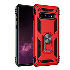 Custodia Silicone e Plastica Opaca Cover con Magnetico Anello Supporto per Samsung Galaxy S10 Plus Rosso