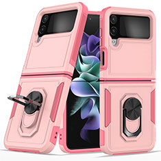 Custodia Silicone e Plastica Opaca Cover con Magnetico Anello Supporto per Samsung Galaxy Z Flip4 5G Oro Rosa