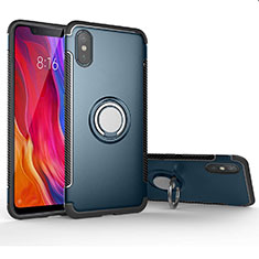 Custodia Silicone e Plastica Opaca Cover con Magnetico Anello Supporto per Xiaomi Mi 8 Pro Global Version Ciano