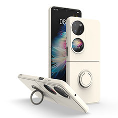 Custodia Silicone e Plastica Opaca Cover con Magnetico Anello Supporto QW1 per Huawei P50 Pocket Bianco