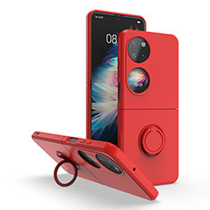 Custodia Silicone e Plastica Opaca Cover con Magnetico Anello Supporto QW1 per Huawei P50 Pocket Rosso