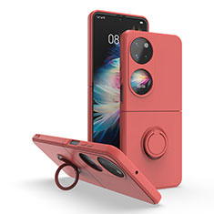 Custodia Silicone e Plastica Opaca Cover con Magnetico Anello Supporto QW1 per Huawei P50 Pocket Rosso Rosa