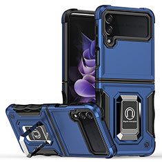 Custodia Silicone e Plastica Opaca Cover con Magnetico Anello Supporto QW1 per Samsung Galaxy Z Flip3 5G Blu
