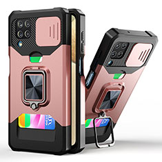 Custodia Silicone e Plastica Opaca Cover con Magnetico Anello Supporto QW3 per Samsung Galaxy F12 Oro Rosa